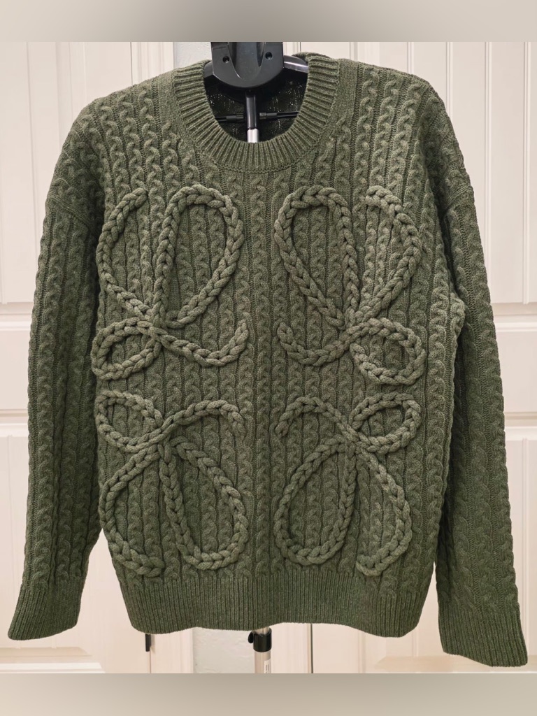 Loewe Olive Green Braided Cable Crewneck Sweater